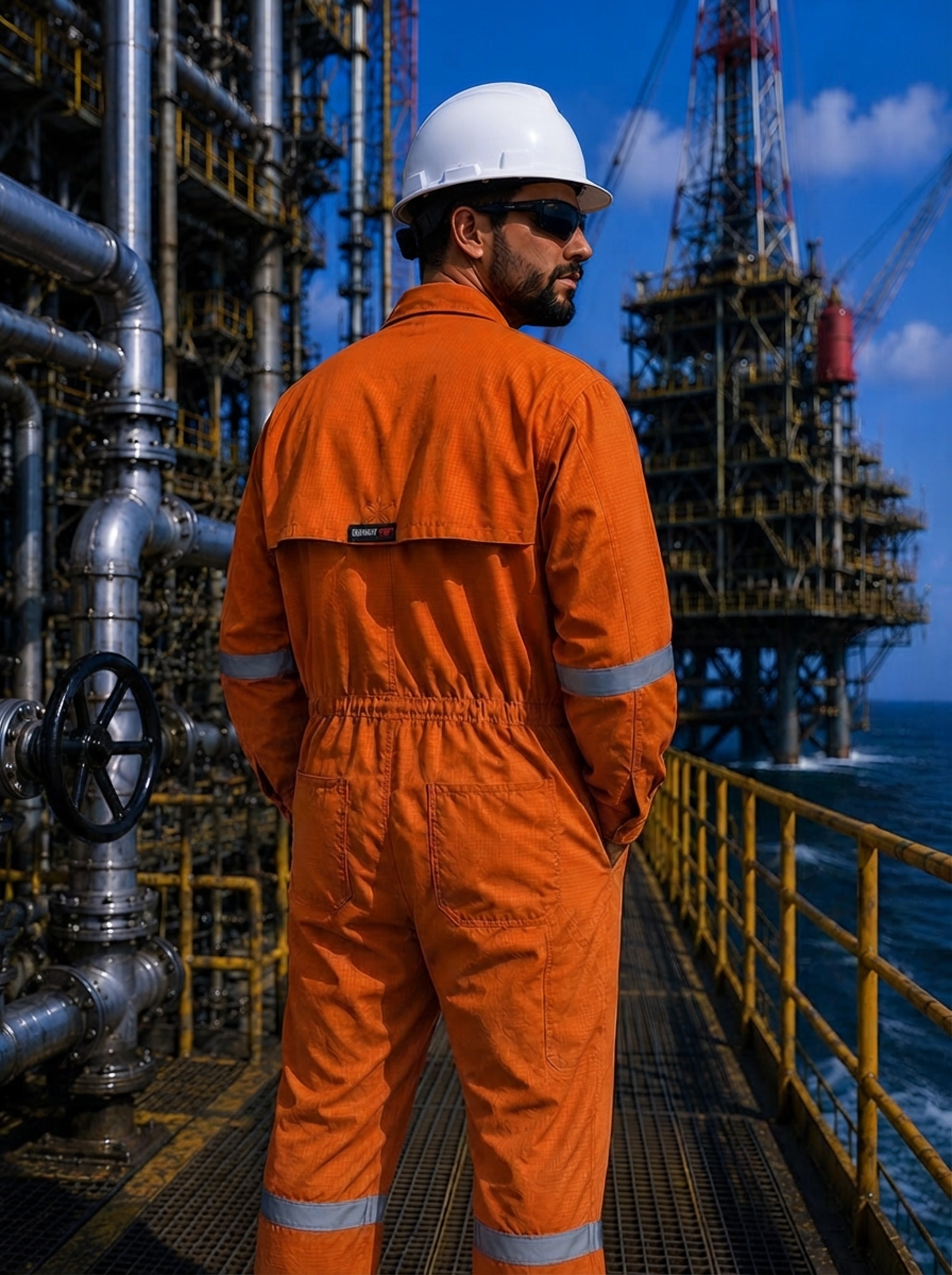 Worker in a Summit Breeze® FR vented coverall — back view showing patented Triple Vent Technology