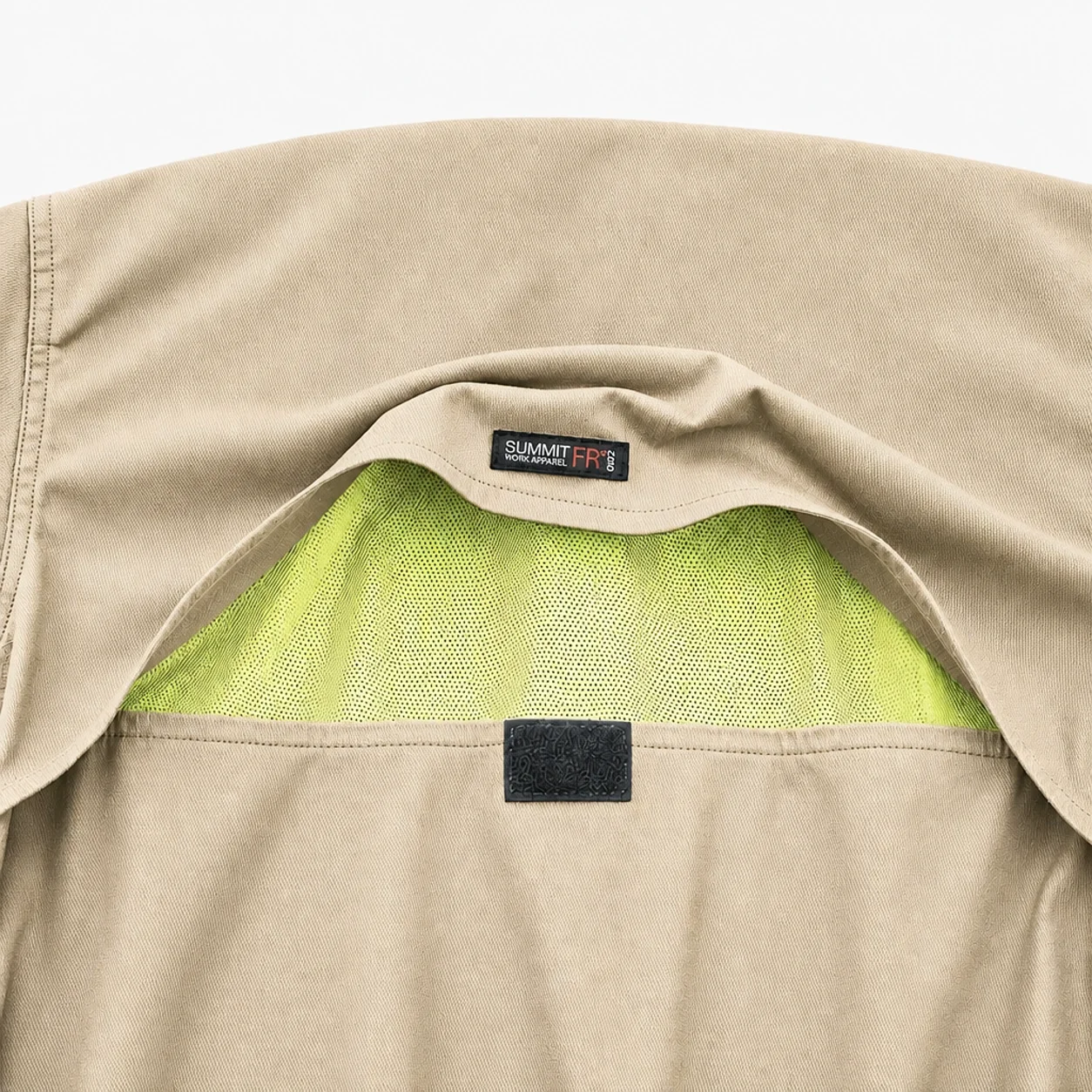 Summit Breeze® FR Vented Coverall — 7 oz. 100% FR Cotton, Silver Reflective Tape, Tan — Rear mesh